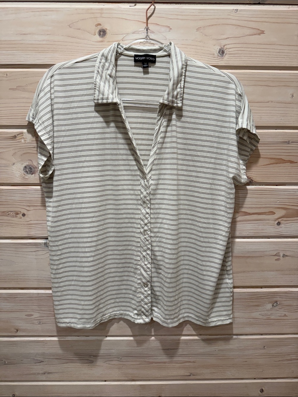 Modern Works Cream Striped Short Sleeve Button-Down Shirt